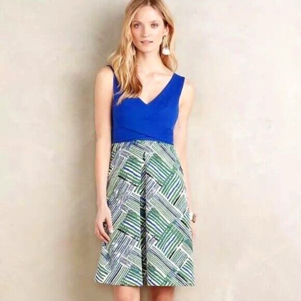 Anthropologie HD in Paris Ardmore Dress Blue Top, Green White Pleat Bottom , xs